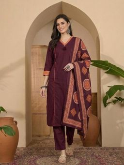 ANAISA - Women's Wine Print Kurta with Pant & Dupatta