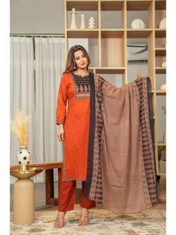 ANAISA - Women's Orange Floral Print Cotton Kurta with Pant & Dupatta