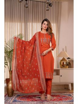 ANAISA - Women's Orange Embroidered Cotton Kurta with Pant & Dupatta