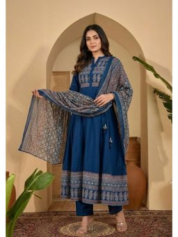 ANAISA - Women's Blue Printed Cotton Anarkali with Pant & Dupatta