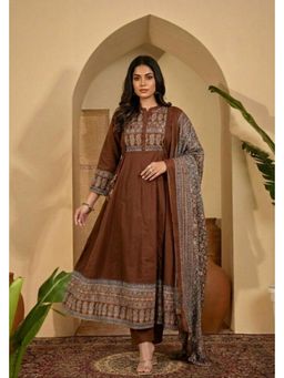 ANAISA - Women's Brown Printed Cotton Anarkali with Pant & Dupatta