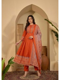 ANAISA - Women's Orange Printed Cotton Anarkali with Pant & Dupatta
