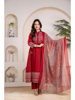 ANAISA - Women's Red Printed Cotton Anarkali with Pant & Dupatta