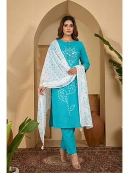ANAISA - Women's Light Blue Printed Cotton Kurta with Pant & Dupatta