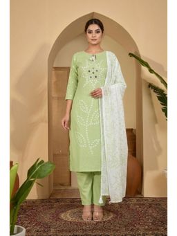ANAISA - Women's Light Green Printed Cotton Kurta with Pant & Dupatta