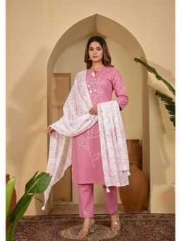 ANAISA - Women's Light Pink Printed Cotton Kurta with Pant & Dupatta