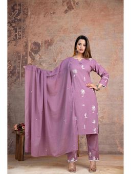 ANAISA - Women's Purple Embroidered Cotton Kurta with Pant & Dupatta