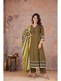 ANAISA - Women's Green Printed Cotton Anarkali with Pant & Dupatta