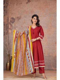 ANAISA - Women's Red Printed Cotton Anarkali with Pant & Dupatta