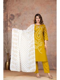 ANAISA - Women's Mustard Mirror Work Printed Cotton Kurta with Pant & Dupatta
