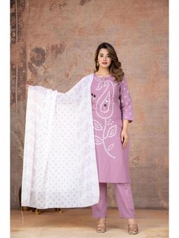 ANAISA - Women's Purple Mirror Work Printed Cotton Kurta with Pant & Dupatta
