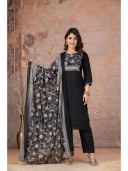 ANAISA - Women's Black Floral Printed Cotton Kurta with Pant & Dupatta