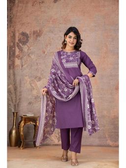 ANAISA - Women's Purple Floral Printed Cotton Kurta with Pant & Dupatta