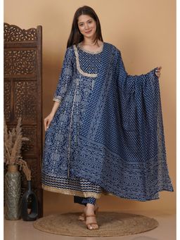 Meera Fab - Navy Blue Floral Printed Pure Cotton Anarkali with Palazzo & Dupatta
