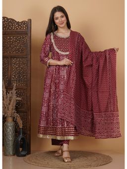 Meera Fab - Maroon Floral Printed Pure Cotton Anarkali with Palazzo & Dupatta