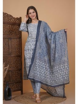 Meera Fab - Grey Floral Printed Pure Cotton Kurta with Pant & Dupatta