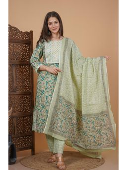 Meera Fab - Green Floral Print Embroidered Kurta with Pant & Dupatta