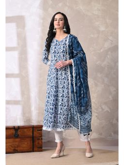 Meera Fab - Blue Printed Pure Cotton Anarkali Kurta with Pant & Dupatta