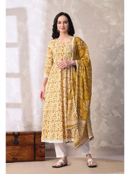 Meera Fab - Mustard Printed Pure Cotton Anarkali Kurta with Pant & Dupatta