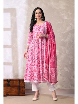 Meera Fab - Pink Printed Pure Cotton Anarkali Kurta with Pant & Dupatta