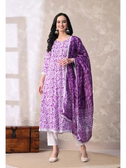 Meera Fab - Purple Printed Pure Cotton Anarkali Kurta with Pant & Dupatta