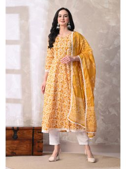 Meera Fab - Yellow Printed Pure Cotton Anarkali Kurta with Pant & Dupatta