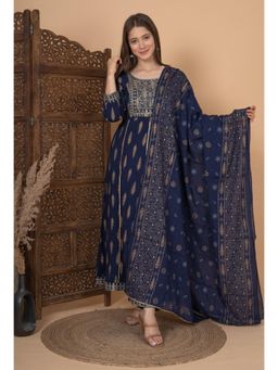 Meera Fab - Navy Blue Ethnic Motifs Printed Anarkali with Palazzo & Dupatta