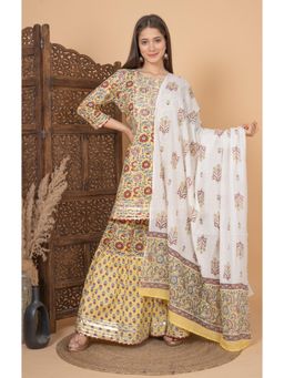 Meera Fab - Yellow Floral Printed Gotta Patti Pure Cotton Kurta with Sharara & Dupatta