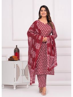 Meera Fab - Maroon Floral Printed Pure Cotton Kurta with Pant & Dupatta