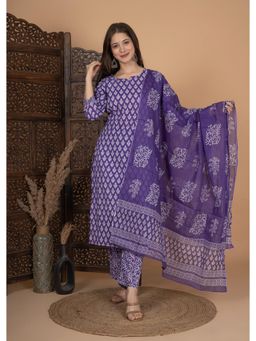 Meera Fab - Purple Floral Printed Pure Cotton Kurta with Pant & Dupatta
