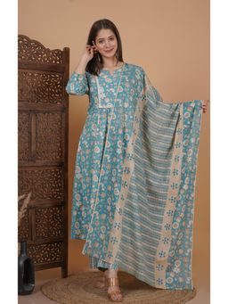 Meera Fab - Blue Floral Printed Pure Cotton Kurta with Pant & Dupatta