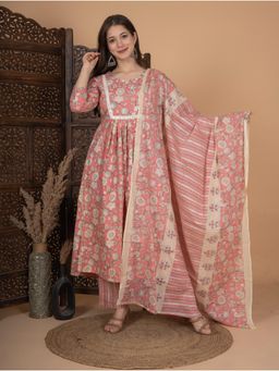 Meera Fab - Pink Floral Printed Pure Cotton Kurta with Pant & Dupatta