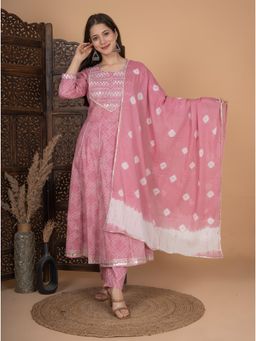 Meera Fab - Pink Printed Mirror Work Pure Cotton Kurta with Pant & Dupatta