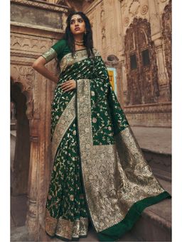 Mysilklove - Hunter Green Woven Banarasi Saree with Unstitched Blouse