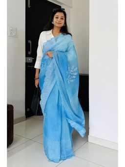 Mysilklove - Swim Blue Printed Cotton Saree with Unstitched Blouse