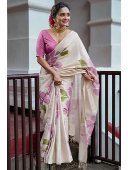 Mysilklove - Biscuit Cream Floral Printed Linen Saree with Unstitched Blouse