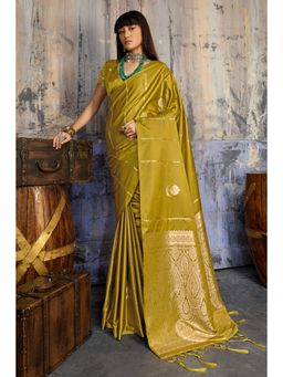 Mysilklove - Lime Green Handloom Satin Silk Saree with Unstitched Blouse