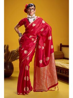 Mysilklove - Ruby Red Handloom Satin Silk Saree with Unstitched Blouse
