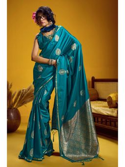 Mysilklove - Curious Blue Handloom Satin Silk Saree with Unstitched Blouse