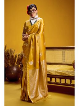 Mysilklove - Safety Yellow Handloom Satin Silk Saree with Unstitched Blouse