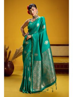 Mysilklove - Peacock Teal Handloom Satin Silk Saree with Unstitched Blouse