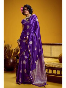 Mysilklove - Dark Purple Handloom Satin Silk Saree with Unstitched Blouse