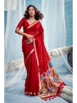 Mysilklove - Tomato Red Munga Handloom Tissue Pallu Saree with Unstitched Blouse