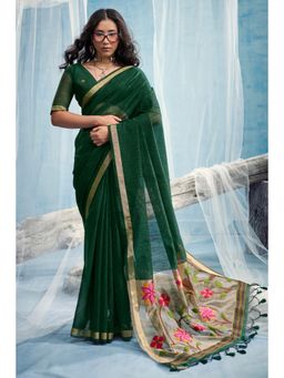 Mysilklove - Jungle Green Munga Handloom Tissue Pallu Saree with Unstitched Blouse