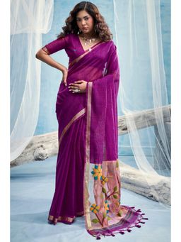 Mysilklove - Plum Purple Munga Handloom Tissue Pallu Saree with Unstitched Blouse