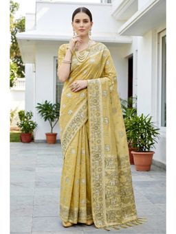 Mysilklove - Citrine Yellow Soft Cotton Printed Saree with Unstitched Blouse