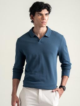 DaMENSCH - Blue Popcorn Texture Full Sleeve Polo T Shirt