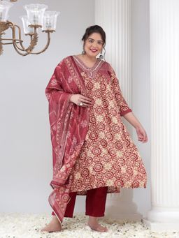 Bani Women - Viscose Plus Size Maroon Printed Kurta with Trouser & Dupatta (Set of 3)