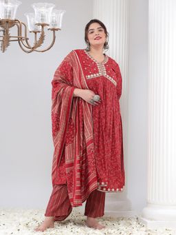 Bani Women - Silk Plus Size Red Printed Kurta with Trouser & Dupatta (Set of 3)