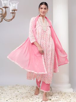Bani Women - Ethnic Motifs Pink Printed Cotton Kurta with Trousers & Dupatta (Set of 3)